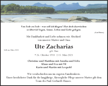 Traueranzeige von Ute Zacharias von Frankenpost