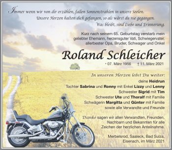 Traueranzeige von Roland Schleicher von Südthüringer Presse