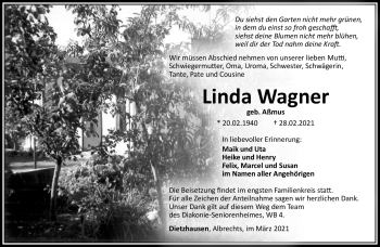 Traueranzeige von Linda Wagner von Südthüringer Presse