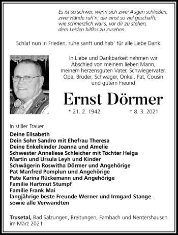 Traueranzeige von Ernst Dörmer von Südthüringer Presse