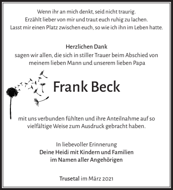 Traueranzeige von Frank Beck von Südthüringer Presse
