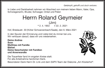 Traueranzeige von Roland Geymeier von Frankenpost