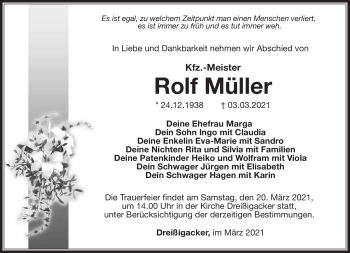 Traueranzeige von Rolf Müller von Südthüringer Presse