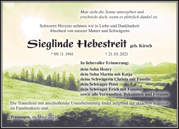 Traueranzeige von Sieglinde Hebestreit von Südthüringer Presse