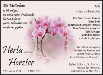 Traueranzeige von Herta Hertzer von Südthüringer Presse