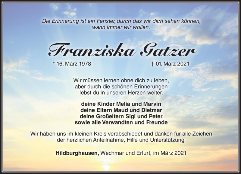  Traueranzeige für Franziska Gatzer vom 20.03.2021 aus Südthüringer Presse