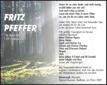 Traueranzeige von Fritz Pfeffer von Südthüringer Presse