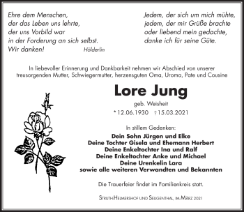Traueranzeige von Lore Jung von Südthüringer Presse