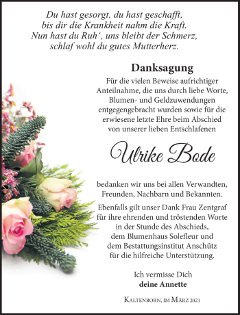 Traueranzeige von Ulrike Bode von Südthüringer Presse