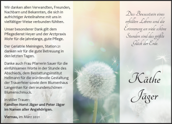 Traueranzeige von Käthe Jäger von Südthüringer Presse