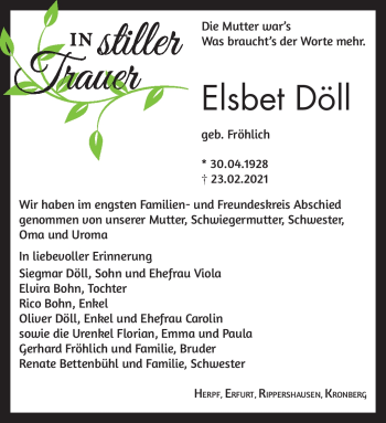 Traueranzeige von Elsbet Döll von Südthüringer Presse