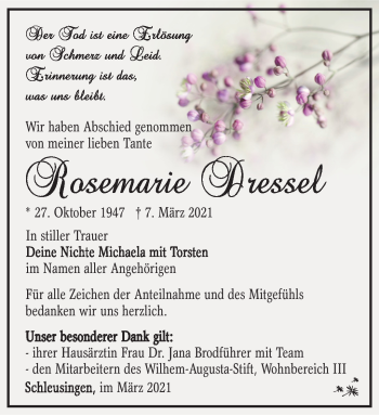 Traueranzeige von Rosemarie Dressel von Südthüringer Presse