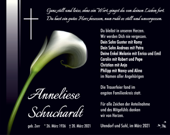 Traueranzeige von Anneliese Schuchardt von Südthüringer Presse