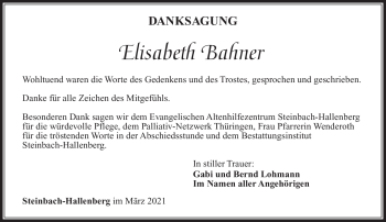 Traueranzeige von Elisabeth Bahner von Südthüringer Presse