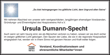 Traueranzeige von Ursula Dumann-Specht von Frankenpost