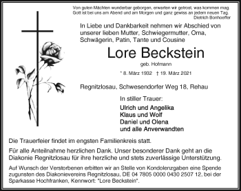 Traueranzeige von Lore Beckstein von Frankenpost