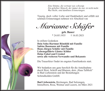Traueranzeige von Marianne Schäfer von Südthüringer Presse
