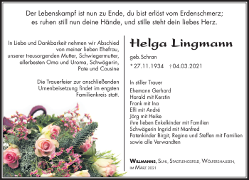 Traueranzeige von Helga Lingmann von Südthüringer Presse