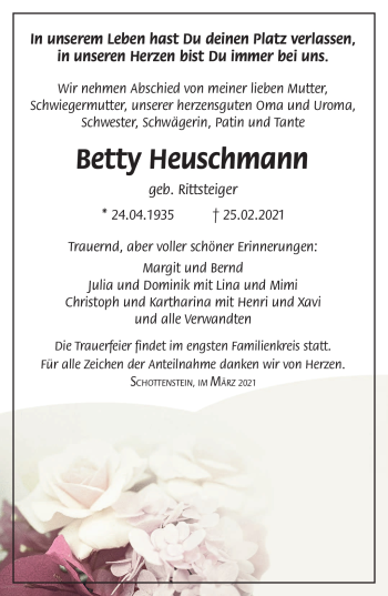 Traueranzeige von Betty Heuschmann von Neue Presse Coburg
