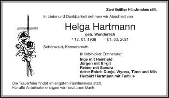 Traueranzeige von Helga Hartmann von Frankenpost