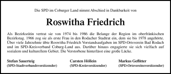 Traueranzeige von Roswitha Friedrich von Neue Presse Coburg