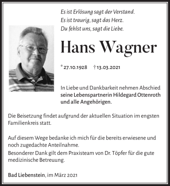Traueranzeige von Hans Wagner von Südthüringer Presse