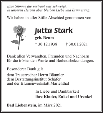 Traueranzeige von Jutta Stark von Südthüringer Presse
