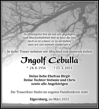 Traueranzeige von Ingolf Cebulla von Südthüringer Presse