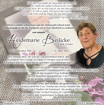 Traueranzeige von Heidemarie Beilicke von Südthüringer Presse