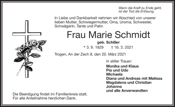 Traueranzeige von Marie Schmidt von Frankenpost