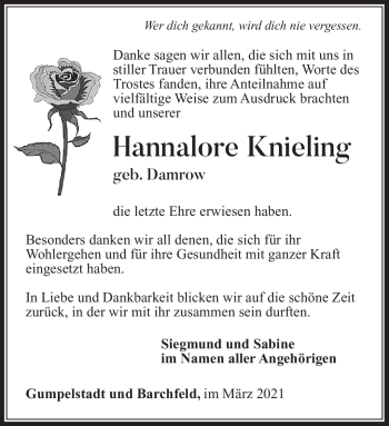 Traueranzeige von Hannalore Knieling von Südthüringer Presse