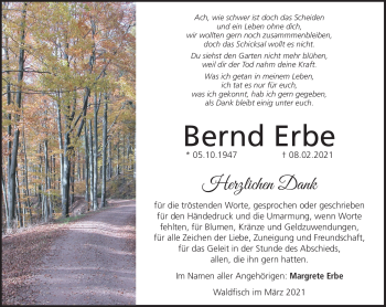 Traueranzeige von Bernd Erbe von Südthüringer Presse