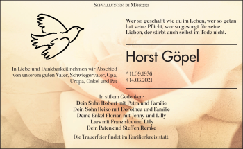 Traueranzeige von Horst Göpel von Südthüringer Presse