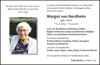 Traueranzeige von Margot von Nordheim von Südthüringer Presse