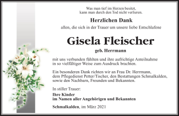 Traueranzeige von Gisela Fleischer von Südthüringer Presse