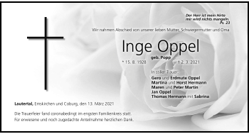 Traueranzeige von Inge Oppel von Neue Presse Coburg