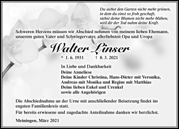 Traueranzeige von Walter Linser von Südthüringer Presse