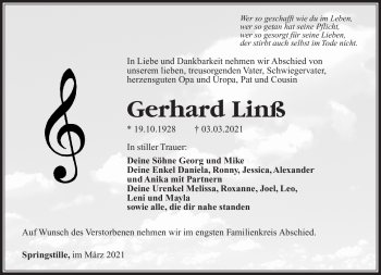 Traueranzeige von Gerhard Linß von Südthüringer Presse