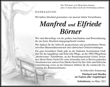 Traueranzeige von Manfred und Elfriede Börner von Südthüringer Presse