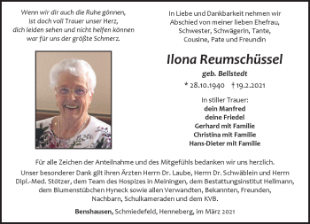 Traueranzeige von Ilona Reumschüssel von Südthüringer Presse
