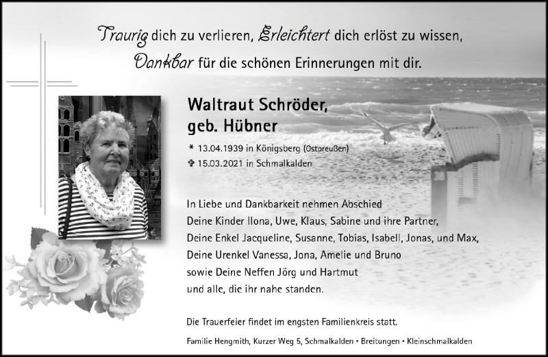 Traueranzeige für Waltraut Schröder vom 27.03.2021 aus Südthüringer Presse