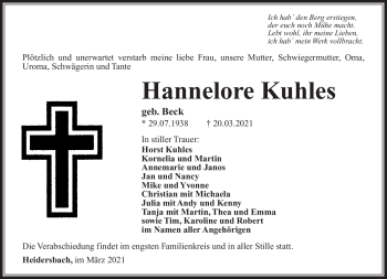 Traueranzeige von Hannelore Kuhles von Südthüringer Presse