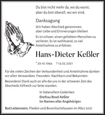 Traueranzeige von Hans-Dieter Keßler von Südthüringer Presse