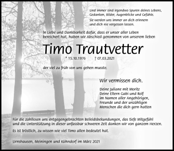Traueranzeige von Timo Trautvetter von Südthüringer Presse