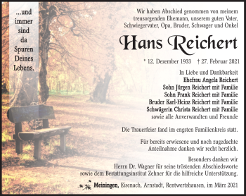 Traueranzeige von Hans Reichert von Südthüringer Presse
