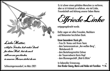 Traueranzeige von Elfriede Linke von Südthüringer Presse