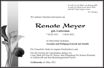 Traueranzeige von Renate Meyer von Südthüringer Presse