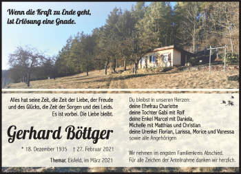 Traueranzeige von Gerhard Böttger von Südthüringer Presse