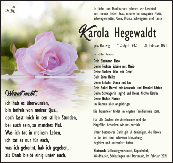 Traueranzeige von Karola Hegewaldt von Südthüringer Presse