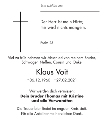 Traueranzeige von Klaus Voit von Frankenpost